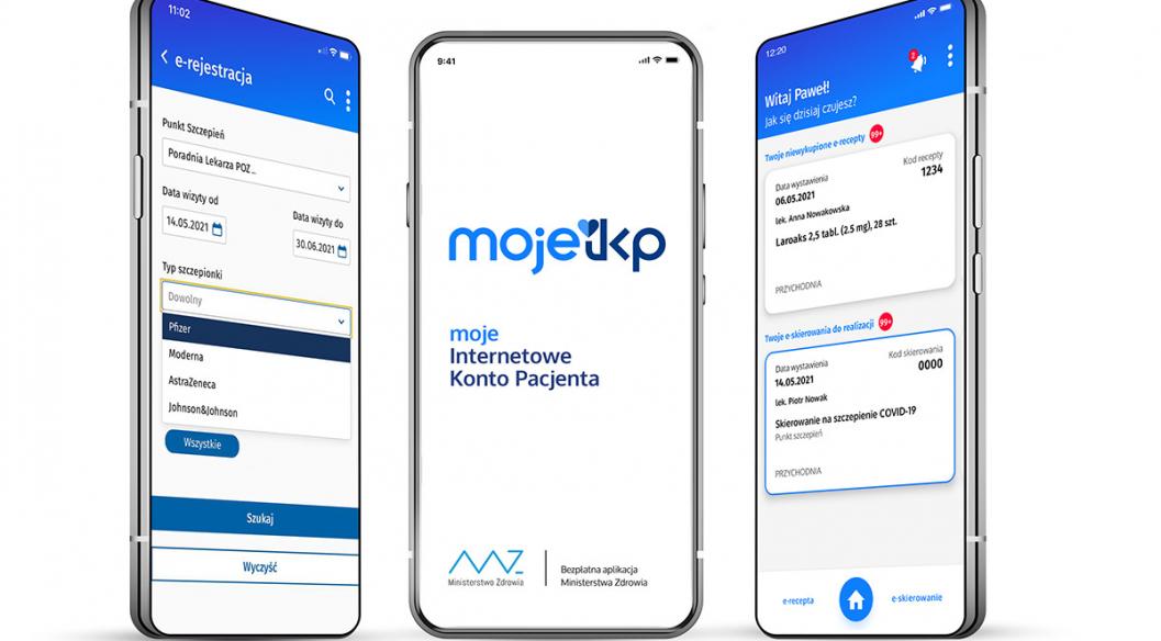 Trzy telefony z otwartą aplikacją mojeIKP