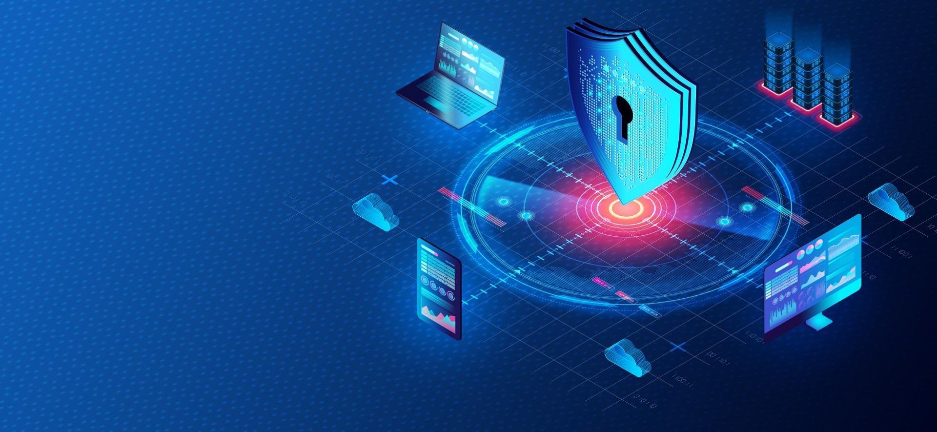 abstrakcyjna grafika z symboliką dotyczącą cyberbezpieczeństwa