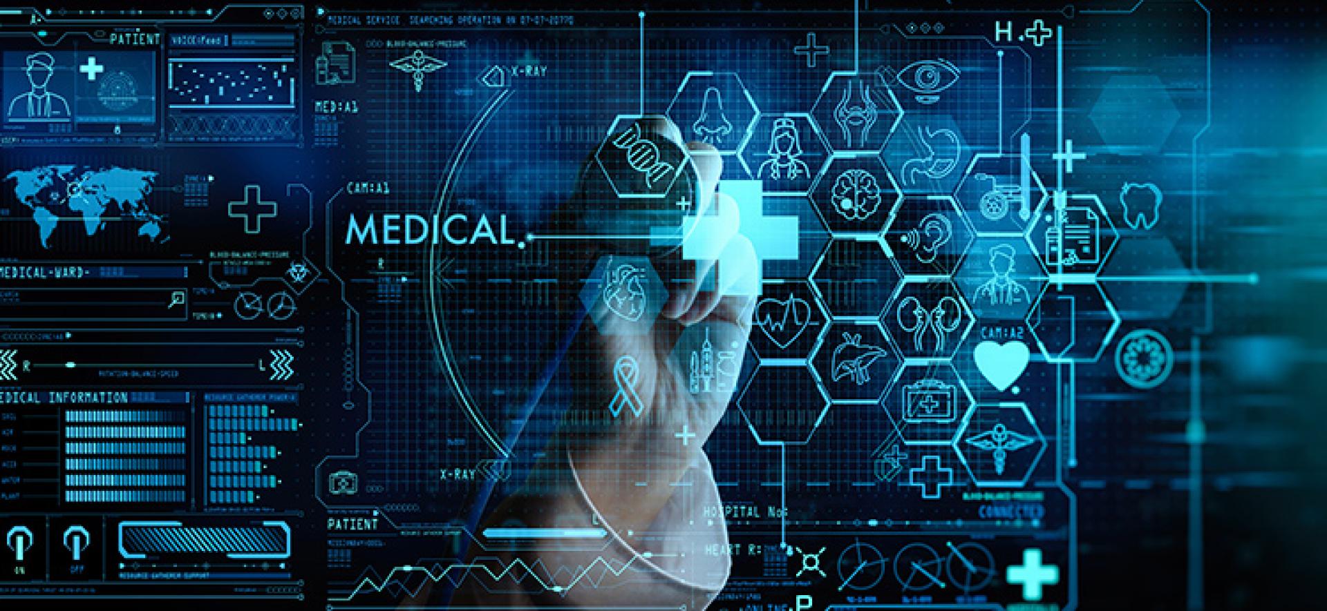 Obraz ręki na tle ikon symbolizujących systemy informatyczne