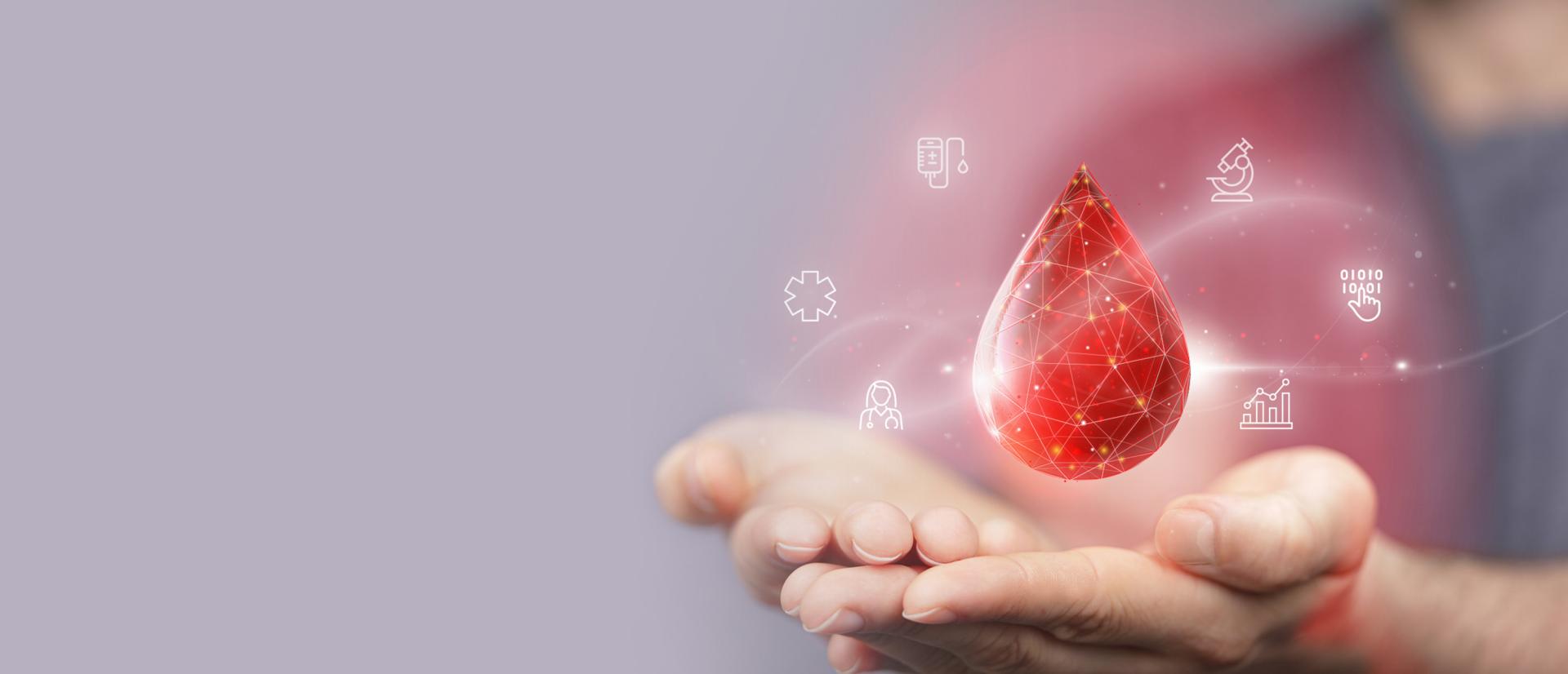dłonie trzymające wirtualną kroplę krwi, wokół piktogramy przedstawiające funkcjonalności systemu e-Krew