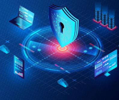 abstrakcyjna grafika z symboliką dotyczącą cyberbezpieczeństwa